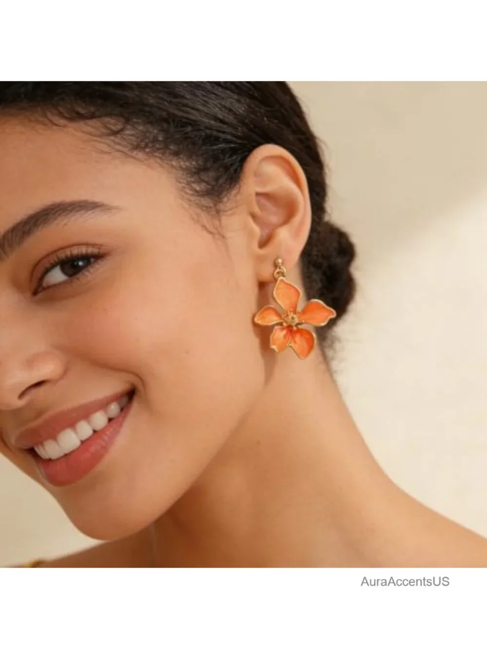 Enamel Five-Petal Flower Dangle Earrings Gold Plated Statement Jewelry Women's